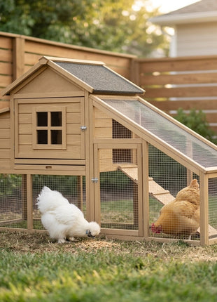 69" Wooden Chicken Coop, Poultry Cage Hen House with Connecting Ramp, Tray, Ventilated Window and Nesting Box