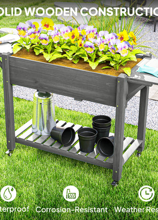 Wood Raised Planter Box, Elevated Garden Bed with Lockable Wheels, Side Tables, Bottom Shelf, Drain Holes, Gray