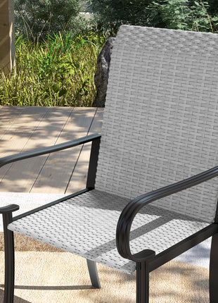 Set of 4 Outdoor Wicker Dining Chairs with Armrest, Steel Frame, High Back and Deep Seating, Gray