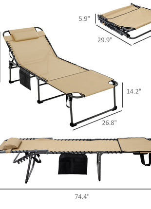 Folding Chaise Tanning Lounge Chair w/ 5-level Reclining Back, Reading Hole, Side Pocket, Headrest, Beige