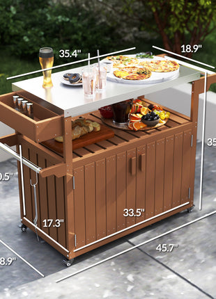 Outdoor Bar Cart with Storage, Stainless Steel Outdoor Bar Table Top, Wheeled HDPE Kitchen Island for Food Prep, Brown