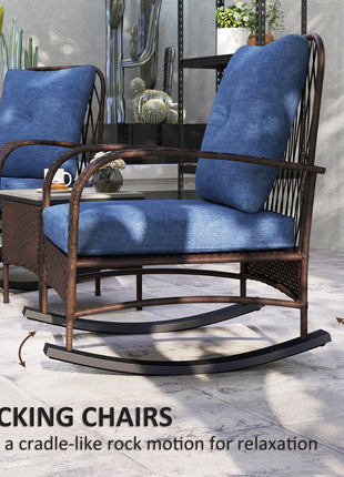 3 Piece Wicker Patio Furniture Set, Outdoor PE Rattan Rocking Chairs with Coffee Table, Cushions for Porch, Brown