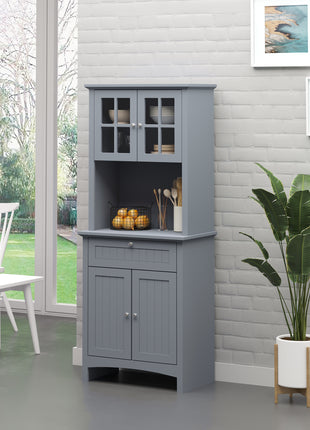 Elegant Buffet with Hutch, Kitchen Pantry Storage Cabinet with Framed Glass Door Drawer and Microwave Space, Gray
