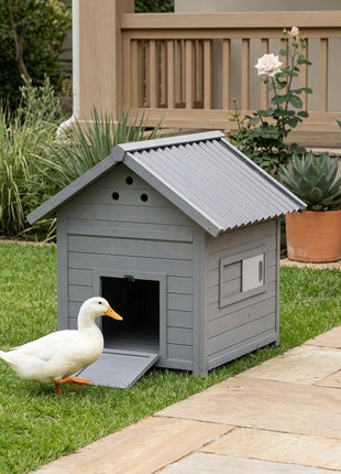 Duck Coop, Wooden Duck House with Openable Roof & Double Doors, Light Gray