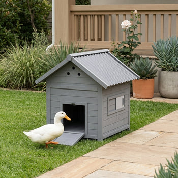 Duck Coop, Wooden Duck House with Openable Roof & Double Doors, Light Gray