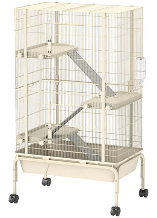 47" Small Animal Cage, 4 Levels Large Rolling Metal Ferret Cage w/ 5.9" Deep Tray, Ramps, Water Bottle, Food Dish, Beige
