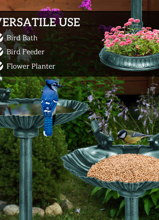32" Antique Bird Bath Decorative Birdbath Bird Feeder Bowl with Planter Pedestal and Bird Statues, Verdigris