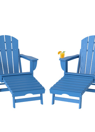 Folding Adirondack Chair Set of 2, HDPE Fire Pit Chair with Retractable Ottoman and Cup Holder, Blue