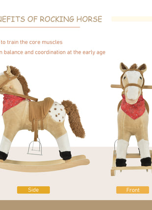 Kids Plush Ride-On Rocking Horse Toy Cowboy Rocker with Fun Realistic Sounds for Child 3-6 Years Old, Beige
