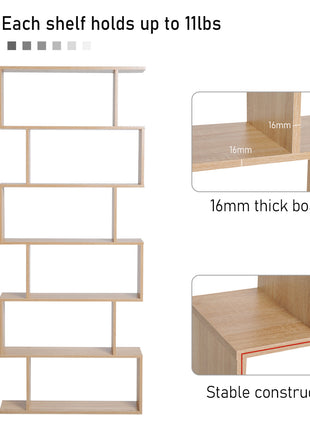 75.5" H Bookcase 6 Shelf S-Shaped Bookshelf Wooden Storage Display Stand Shelf Organizer Free Standing, Oak