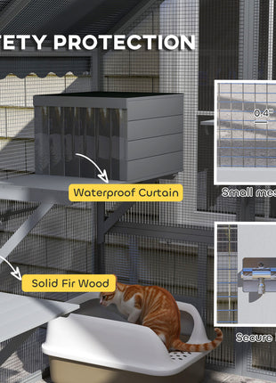 Wooden Catio Outdoor Cat Enclosure with Waterproof Cover, 2 Condos, 4 Platforms, Bridge, Doors, Gray