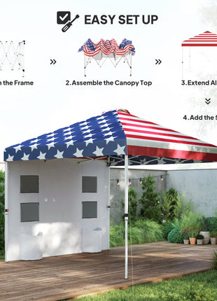 10' x 10' Pop Up Canopy Tent w/ Sidewall, Height Adjustable Instant Sun Shelter w/ Storage Pockets, American Flag Print