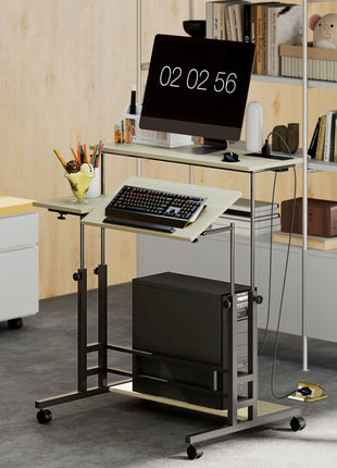 Adjustable Standing Desk with Power Outlets, Stand Up Desk with Tiltable Tabletop, Wheels, Shelf, for Home Office, Oak