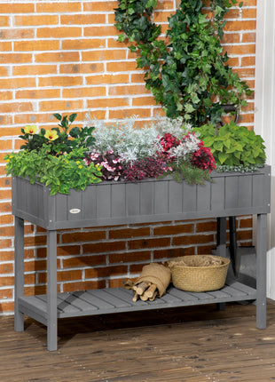 Wooden Raised Garden Bed, Elevated Planter Box Stand with 8 Slots and Open Shelf, Dark Gray
