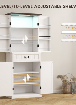 71" LED Kitchen Pantry Cabinet, Farmhouse Storage Cabinet with Door Shelves, Distressed White