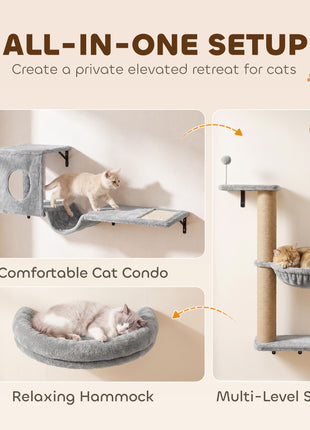 3-In-1 Cat Wall Shelves with Condo, Bed, Hammock, Scratching Post and Spring Ball, Gray
