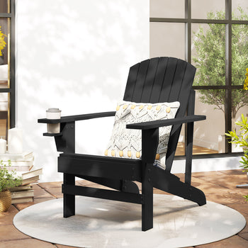 Oversized Adirondack Chair, Outdoor Fire Pit and Porch Seating, Classic Log Lounge w/ Built-in Cupholder, Black