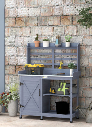 Wooden Potting Bench with Storage, Aluminum Tabletop for Backyard, Patio, Balcony, Gray