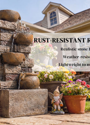 28" Outdoor Fountain with 5-Tier Rustic Jugs, Cascading Waterfall with LED Lights, Adjustable Flow, Rustic Brown