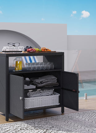 Outdoor Storage Cabinet with Acacia Wood Top, Two Doors, Shelf, Wicker Bar Table for Pool Towel Storage, Black