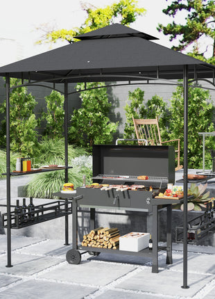 8' x 5' BBQ Grill Gazebo, 2-Tier Outdoor BBQ Gazebo with 2 Side Shelves, Storage Baskets, Ceiling Hook, Dark Gray