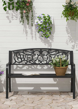50" 2-Person Garden Bench Loveseat with Cast Iron Decorative Welcome Vines, Outdoor Patio Bench for Backyard, Porch, Entryway