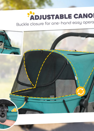 3 Wheel Pet Stroller with Easy One-Click Quick Fold, Mesh Window, Washable Cushion, for Medium Dogs, Dark Green
