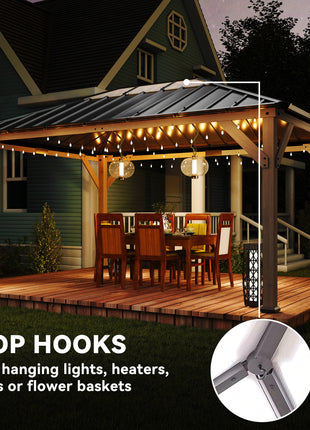 12' x 16' Hardtop Gazebo with Galvanized Steel Roof, UPF50+ Wood Permanent Pavilion with Clear Roof Top, Light Walnut