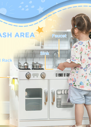Pretend Play Kitchen, Kids Kitchen Playset with Play Phone, Chalkboard, Towel Rack & Ice Maker for 3-8 Years White