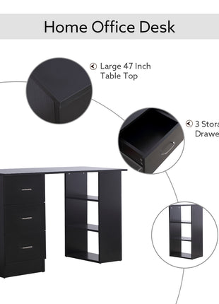 47" Home Office Computer Desk Bookcase Combo, Writing Table Workstation with 3 Drawer and Storage Shelf - Black