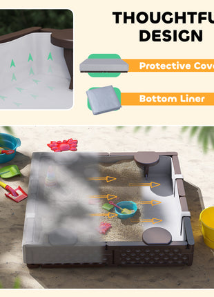 Kids Sandbox with Cover, 4 Corner Seats, Bottom Liner for Backyard, Garden, Outdoor, 47" x 47" x 9", Dark Brown