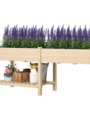 Wood Raised Garden Box, Elevated Garden Bed with Side Table, Bottom Shelf, Bed Liners and Drainage Holes, Natural