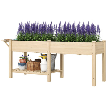 Wood Raised Garden Box, Elevated Garden Bed with Side Table, Bottom Shelf, Bed Liners and Drainage Holes, Natural