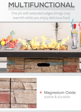 32 Inch Outdoor Propane Gas Fire Pit Table, 50,000 BTU Auto-Ignition Square Faux Ledge Stone Gas Firepit with Lava Rocks and Rain Cover, CSA Certification, Brown