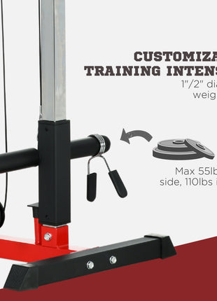 Lat Pull Down Machine, High / Low Pulley Machine with Adjustable Seat and Flip-Up Footplate, Red