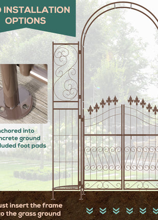 7' Metal Garden Arbor, Garden Arch with Gate, Fleur De Lis Motif, Latching Doors, Planter Shelves for Climbing Vines, Ceremony, Weddings, Party, Garden, Backyard, Lawn, Brown
