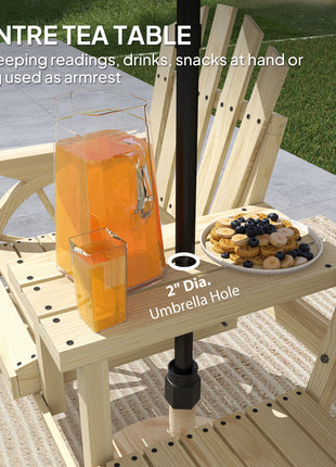 2-Seat Wooden Garden Bench with Table, Umbrella Hole, High Backrest, Armrests for Backyard, Patio, Garden, Natural Wood