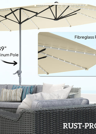 15ft Double-Sided Outdoor Umbrella with Solar Lights, UPF50+ Extra Large Aluminum Patio Umbrella with Crank, Cream White