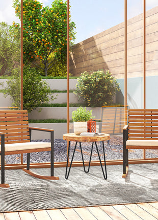 Acacia Wood Outdoor Lawn Rocking Chair Set of 2, Outdoor Patio Rocking Chairs with Armrests, Cushion, Cream White
