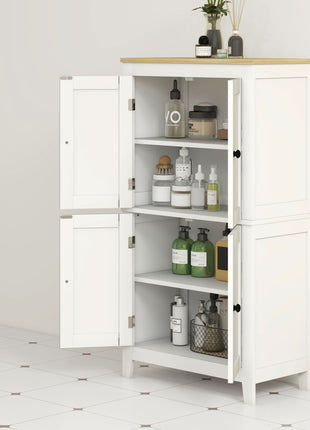 Bathroom Storage Cabinet, Modern Bathroom Floor Cabinet with 4 Doors and 2 Adjustable Shelves, White