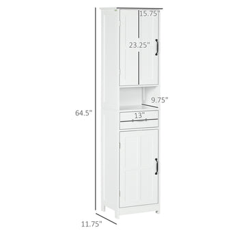 Modern Bathroom Cabinet, Narrow Storage Cabinet with Open Shelf, Drawer, Recessed Doors and Adjustable Shelves, White