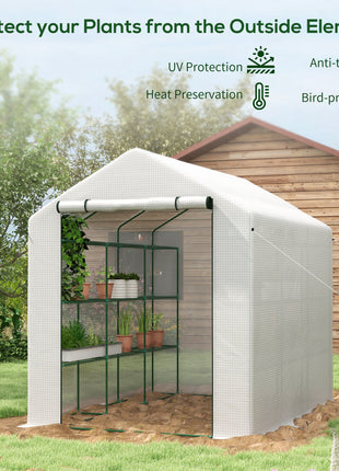 Outdoor Walk-in Greenhouse with Roll-up Zipper Door, 18 Shelves, PE Cover, 95.25" x 70.75" x 82.75", White