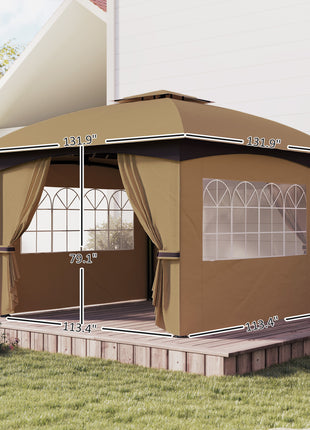 11' x 11' Outdoor Gazebo, Double Roof Patio Gazebo with Curtains, Church Windows, Galvanized Steel Frame, Beige