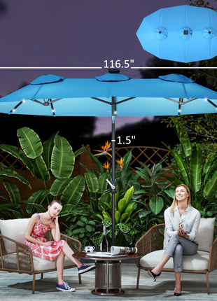 Double-sided Patio Umbrella, 9.7' Outdoor Umbrella with Tilt and Crank, LED Solar Light and 12 Ribs, Light Blue