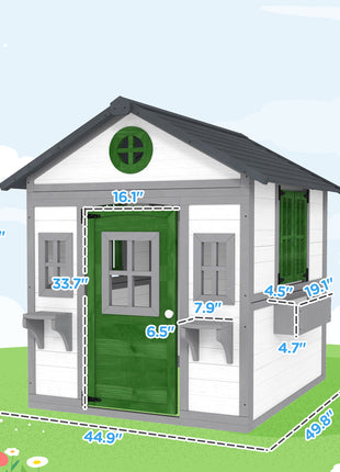 Wooden Playhouse for Kids Outdoor with Doors, Windows, Planter Pots and Boxes for Toddlers 3-8 Years, White