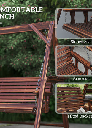 3 Seat Wooden Porch Swing with Stand, Patio Swing with Side Tables, for Garden, Poolside, Backyard, Carbonized Brown