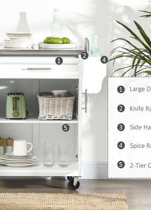 Kitchen Island on Wheels, Rolling Kitchen Cart with Stainless Steel Countertop, Drawer, Towel Rack and Spice Rack, Utility Storage Trolley, White