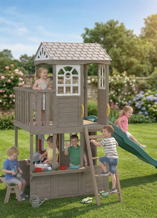 Two-Story Outdoor Playhouse, Wooden Kids Playhouse with Slide, Bench, BBQ Play Kitchen, Ladder, Lookout Platform, Clock