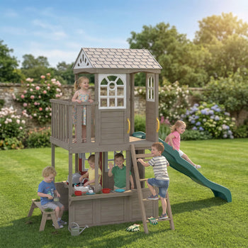 Two-Story Outdoor Playhouse, Wooden Kids Playhouse with Slide, Bench, BBQ Play Kitchen, Ladder, Lookout Platform, Clock