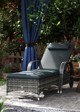 Outdoor Chaise Lounge, 5-Level Adjustable Backrest Rattan Pool Lounge Chair with Wheels, Cushion & Headrest, Black